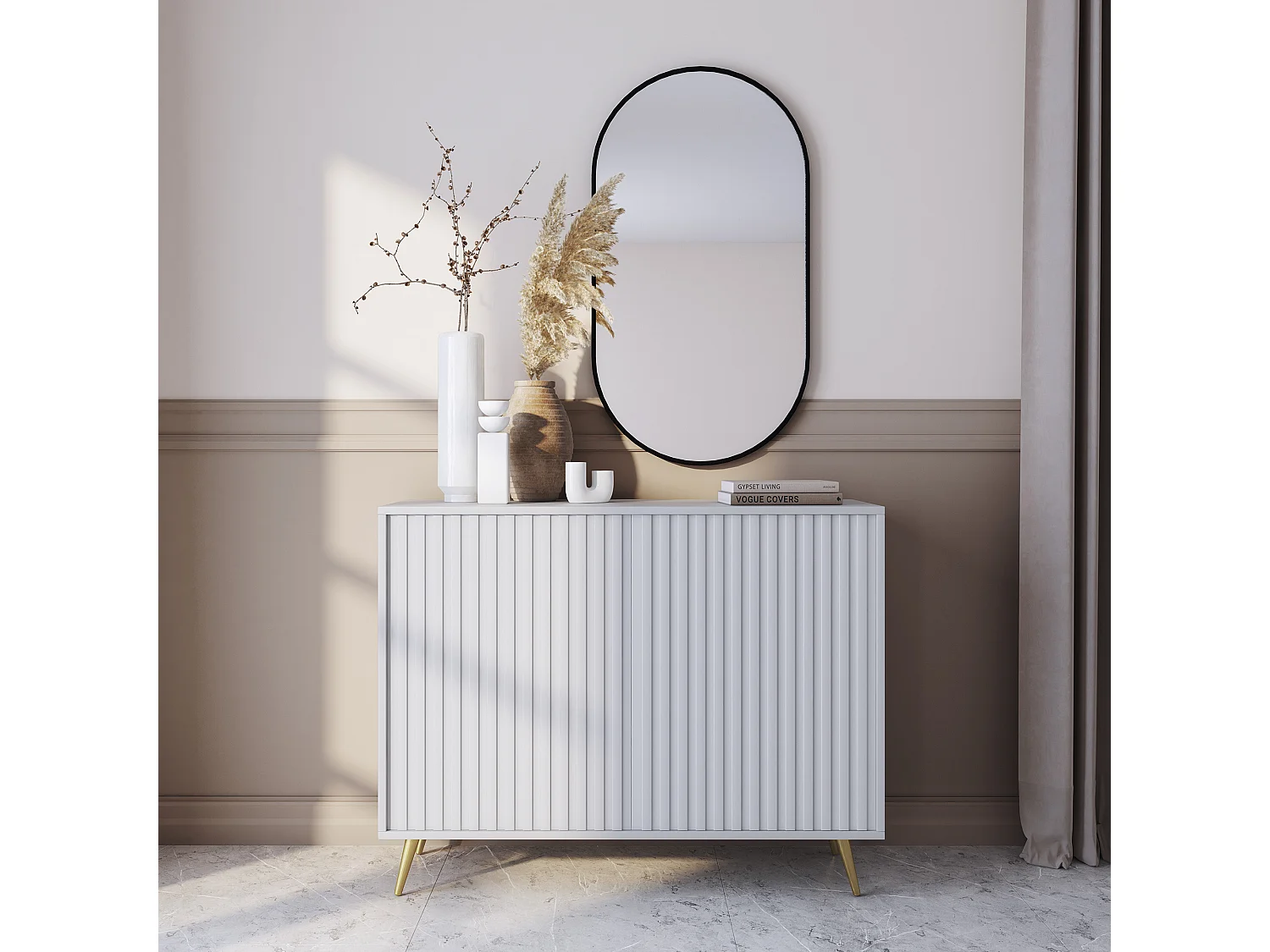 Buffet avec façades à lamelles - 104 cm - blanc avec pieds dorés - BELLO