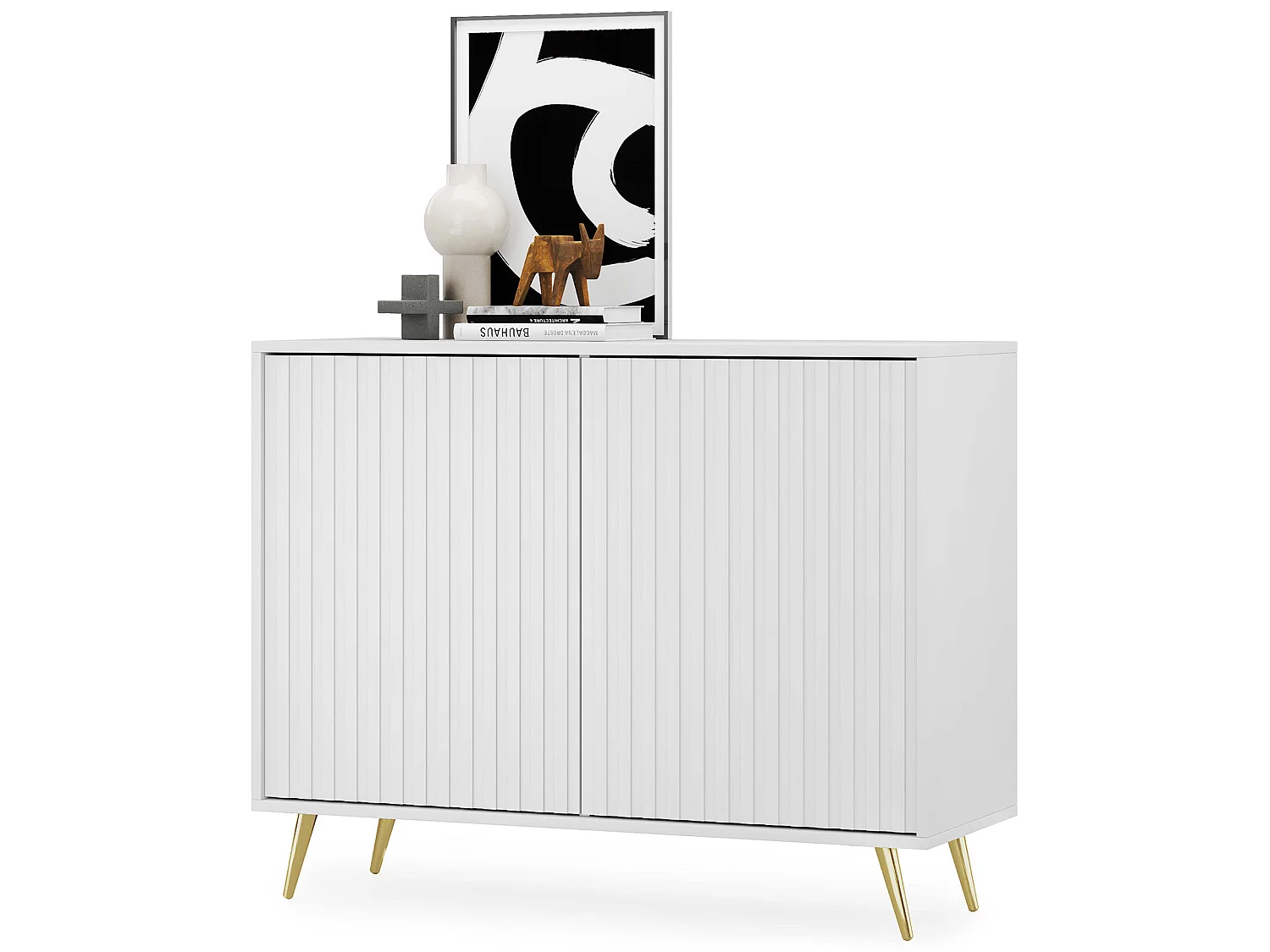 Buffet avec façades à lamelles - 104 cm - blanc avec pieds dorés - BELLO