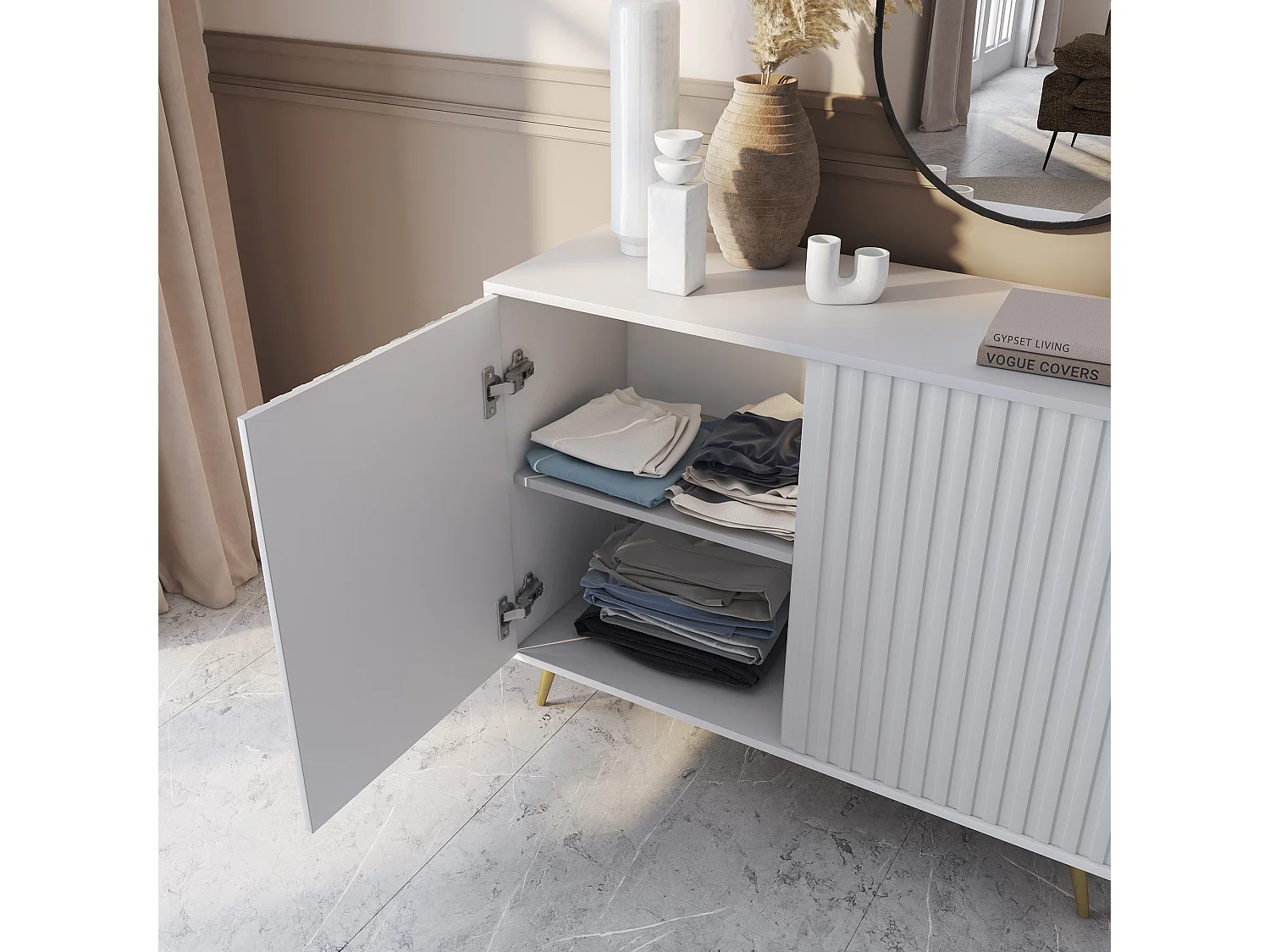 Buffet avec façades à lamelles - 104 cm - blanc avec pieds dorés - BELLO