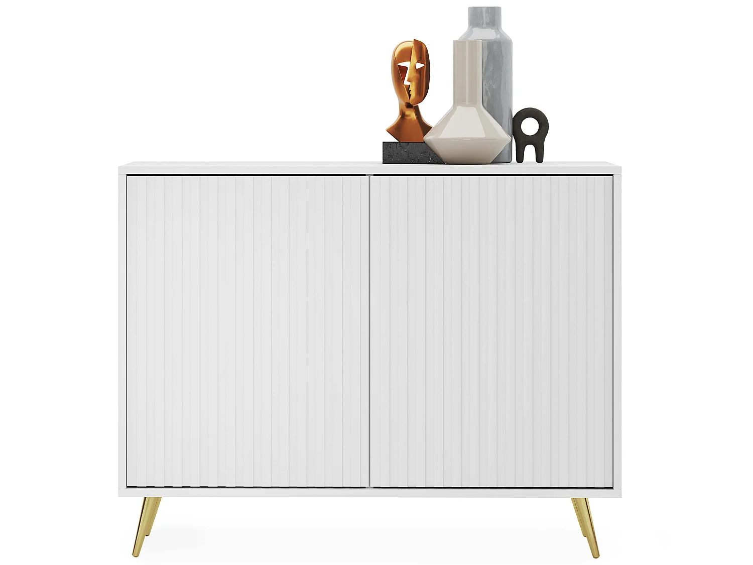 Buffet avec façades à lamelles - 104 cm - blanc avec pieds dorés - BELLO