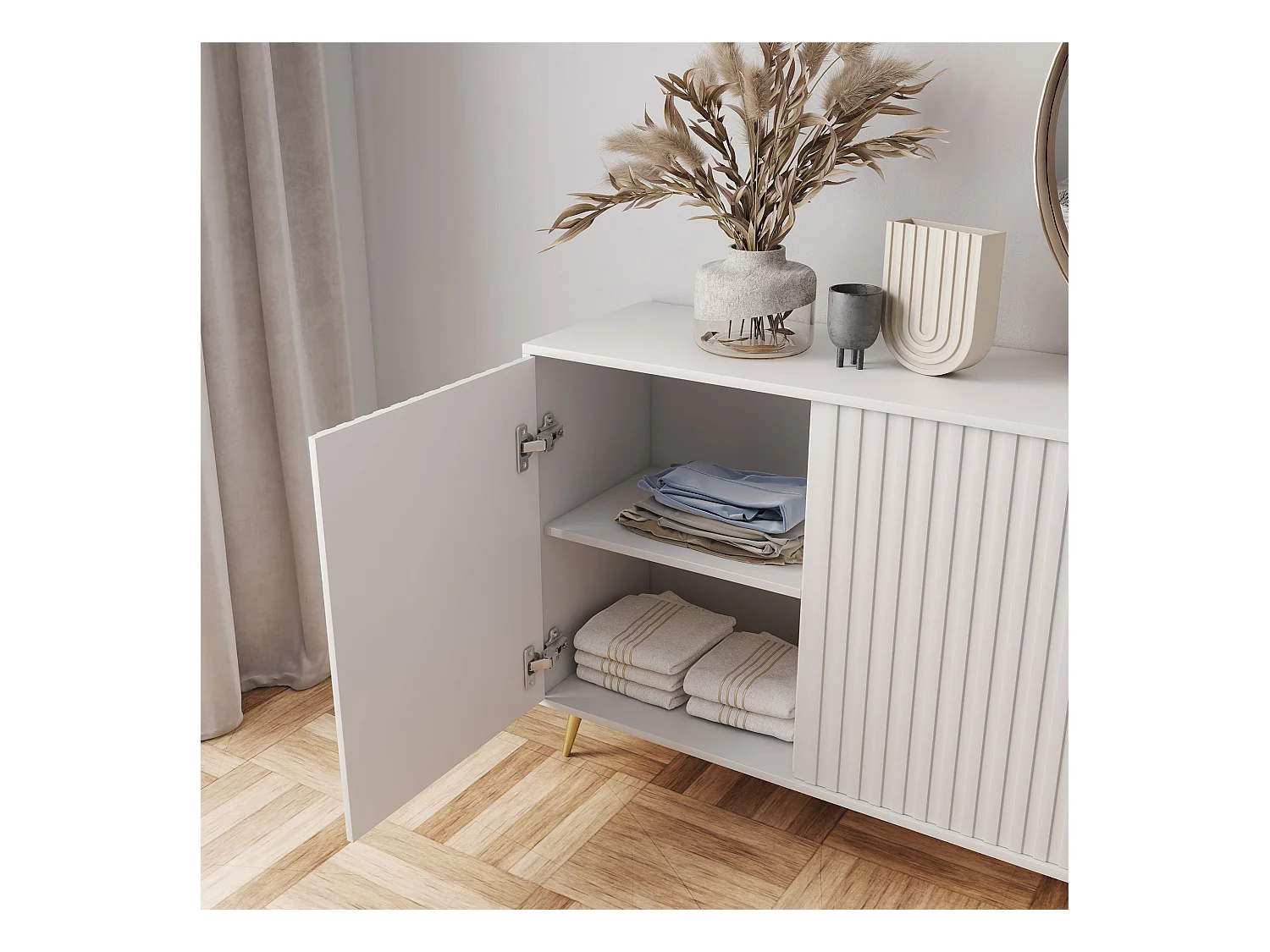 Sideboard mit Lamellenfronten - 154 cm - Weiß mit goldenen Beinen - Bello