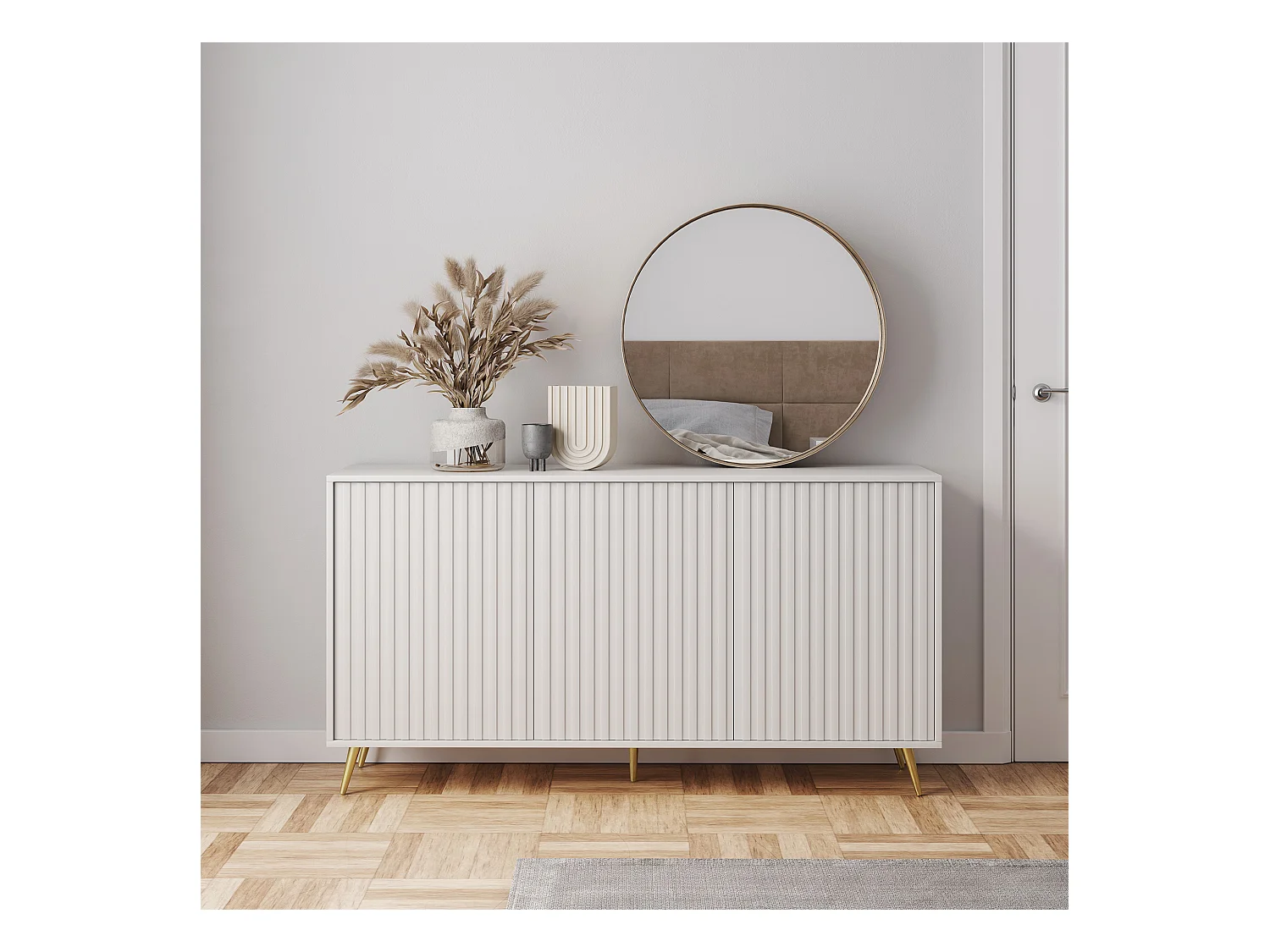 Buffet avec façades à lamelles - 154 cm - blanc avec pieds dorés - BELLO