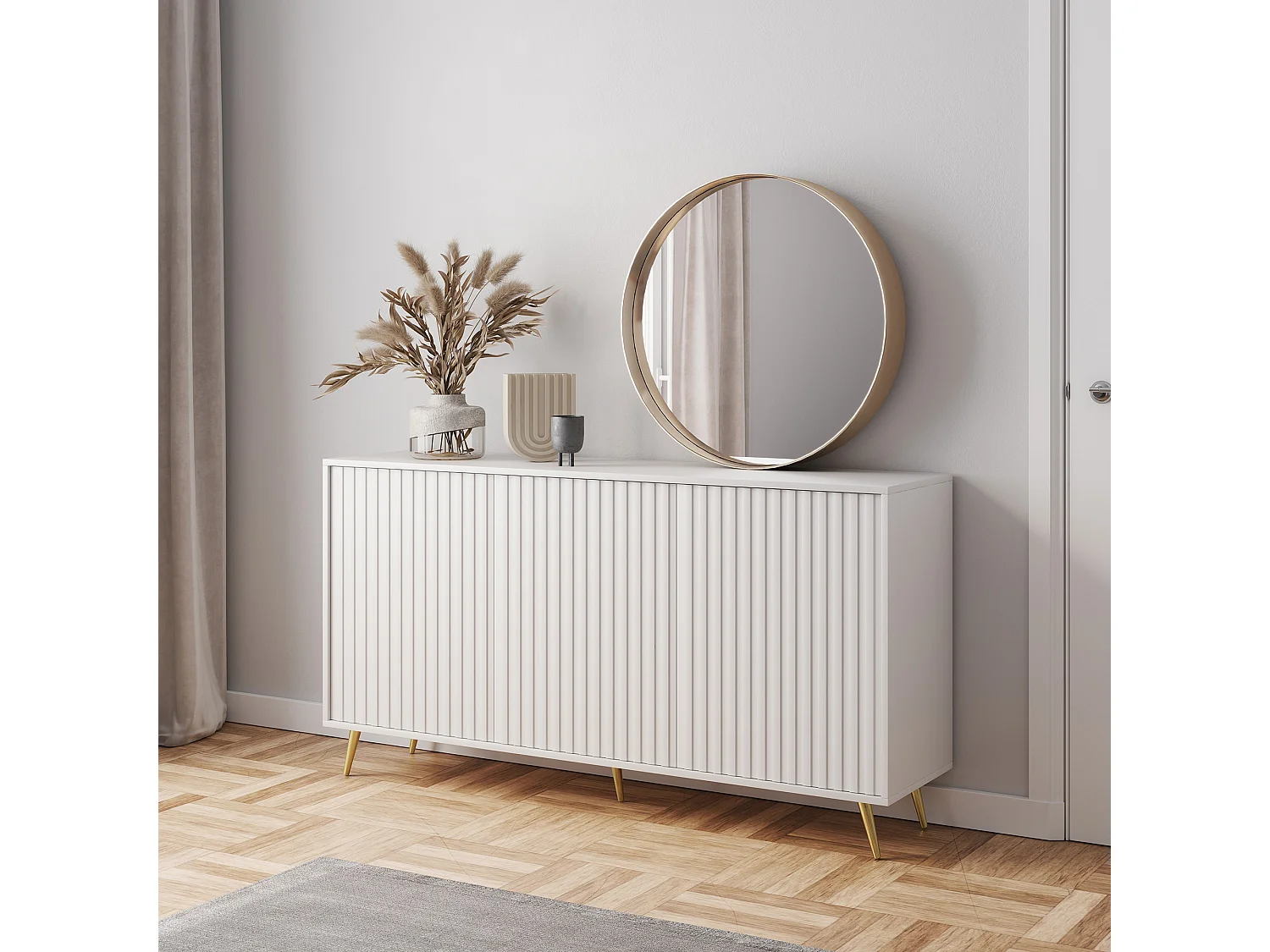 Buffet avec façades à lamelles - 154 cm - blanc avec pieds dorés - BELLO