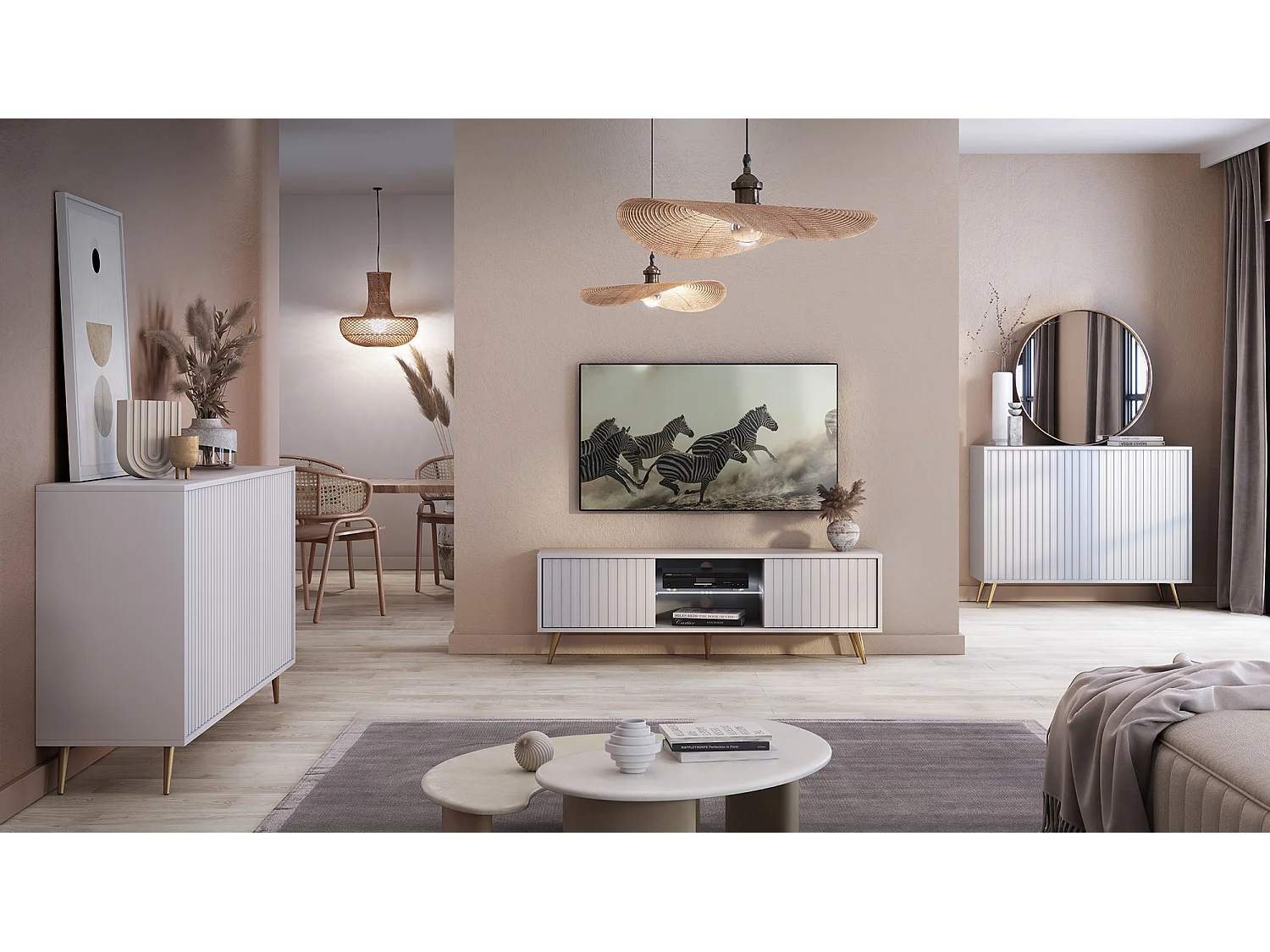 Buffet avec façades à lamelles - 154 cm - blanc avec pieds dorés - BELLO