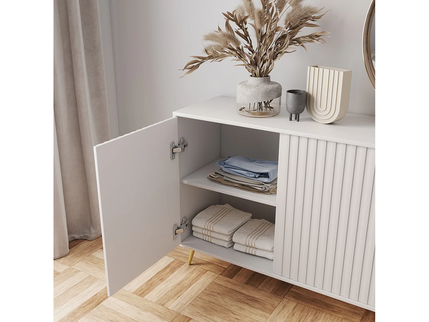 Buffet avec façades à lamelles - 154 cm - blanc avec pieds dorés - BELLO