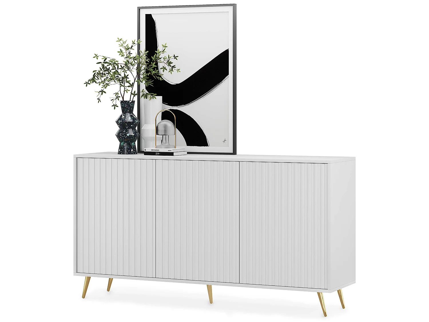 Buffet avec façades à lamelles - 154 cm - blanc avec pieds dorés - BELLO