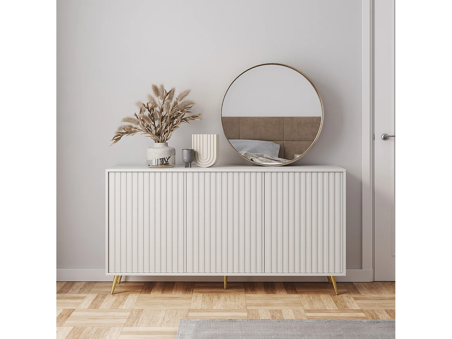 Sideboard mit Lamellenfronten - 154 cm - weiß mit goldenen Beinen - BELLO