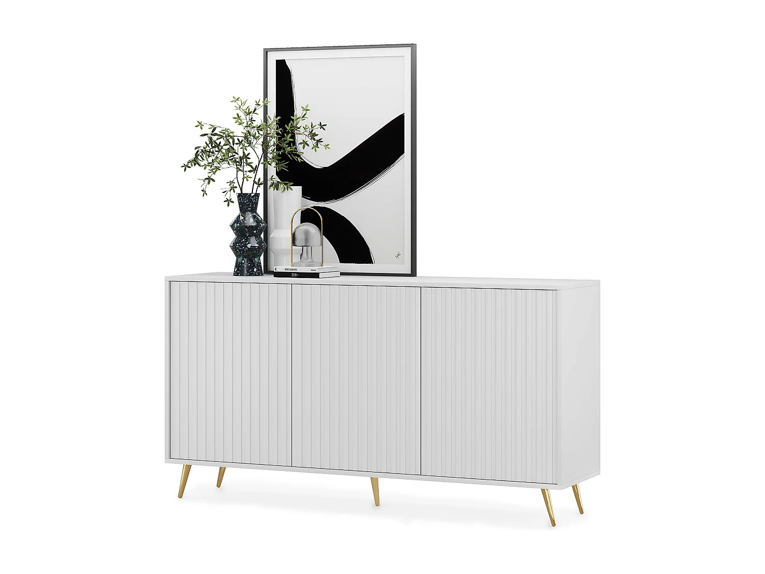 Sideboard mit Lamellenfronten - 154 cm - weiß mit goldenen Beinen - BELLO