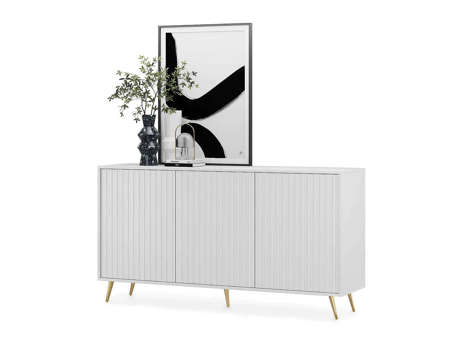Buffet avec façades à lamelles - 154 cm - blanc avec pieds dorés - BELLO