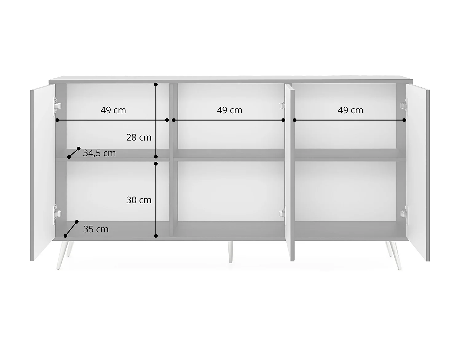 Dressoir met lamellenfronten - 154 cm - wit met gouden poten - BELLO