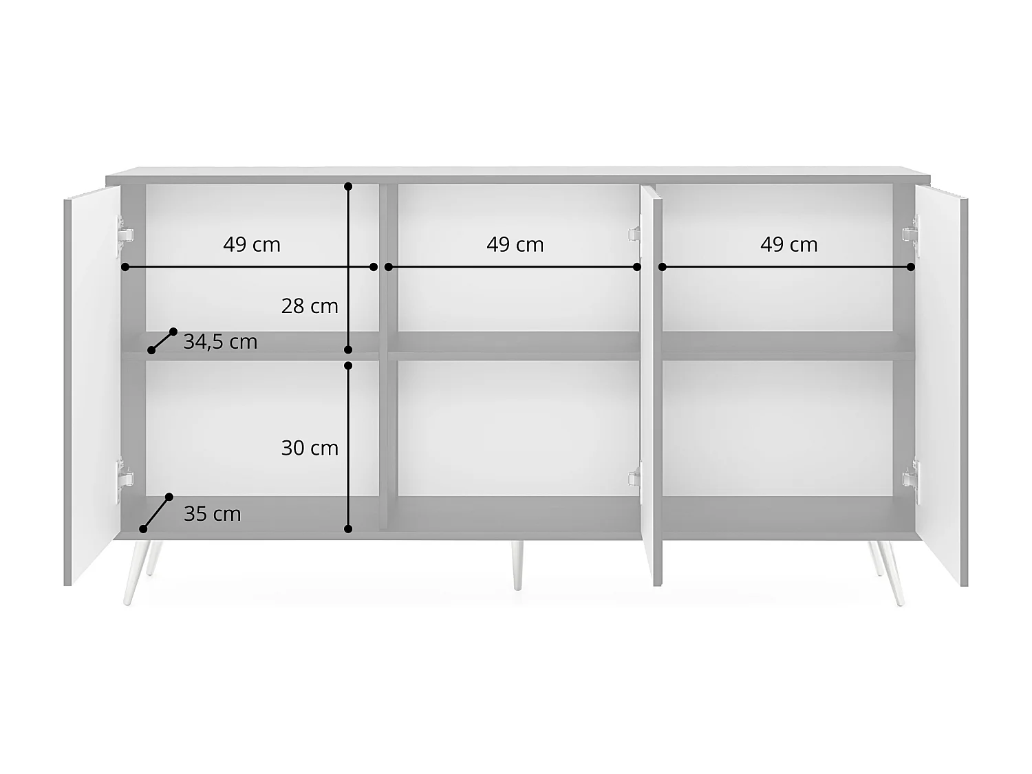Sideboard mit Lamellenfronten - 154 cm - weiß mit goldenen Beinen - BELLO