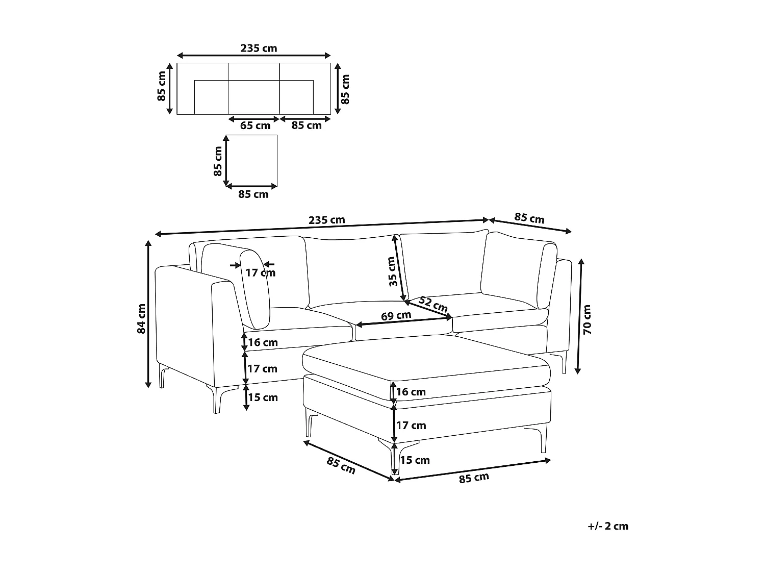 Sofa modułowa EVJA Welur Granatowy z otomaną dla 3 osób