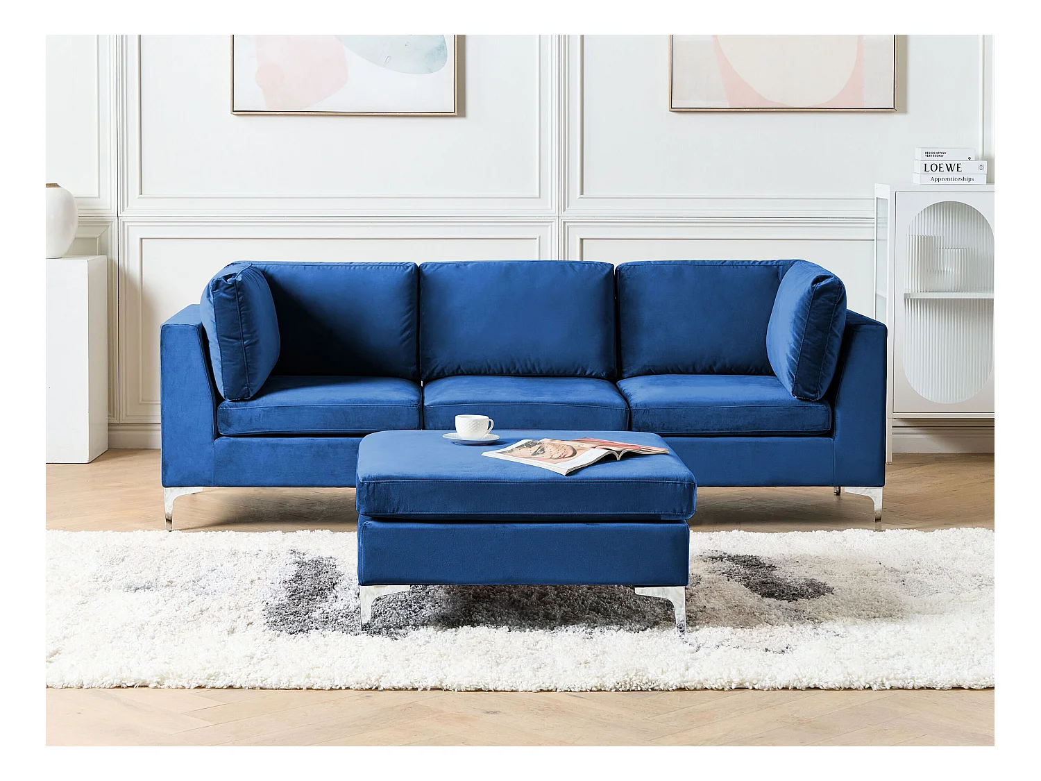 Modernes Modulsofa 3-Sitzer mit Ottomane Samtstoff Blau Glamour Stil Evja