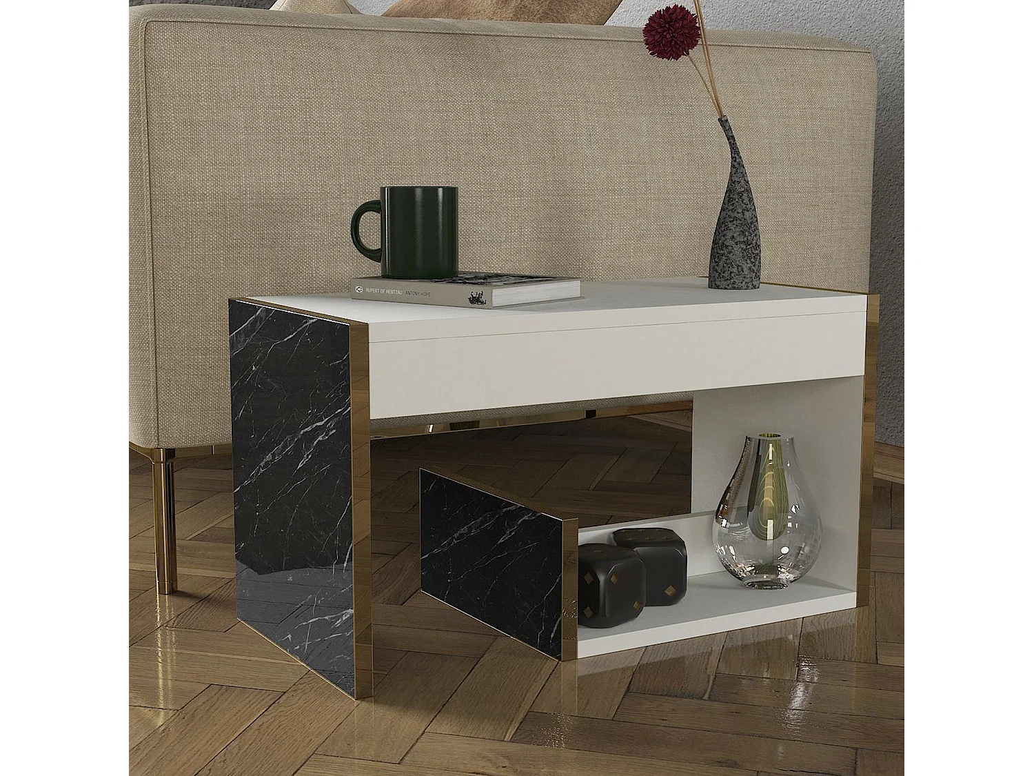 Table d'appoint de salon tamesis moderne blanc or noir 29,5x60x35 cm