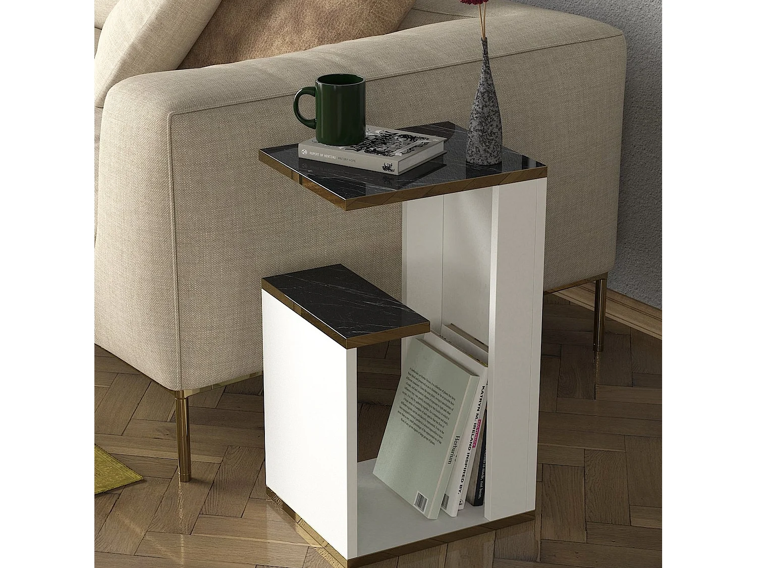 Table d'appoint de salon tamesis moderne blanc or noir 29,5x60x35 cm