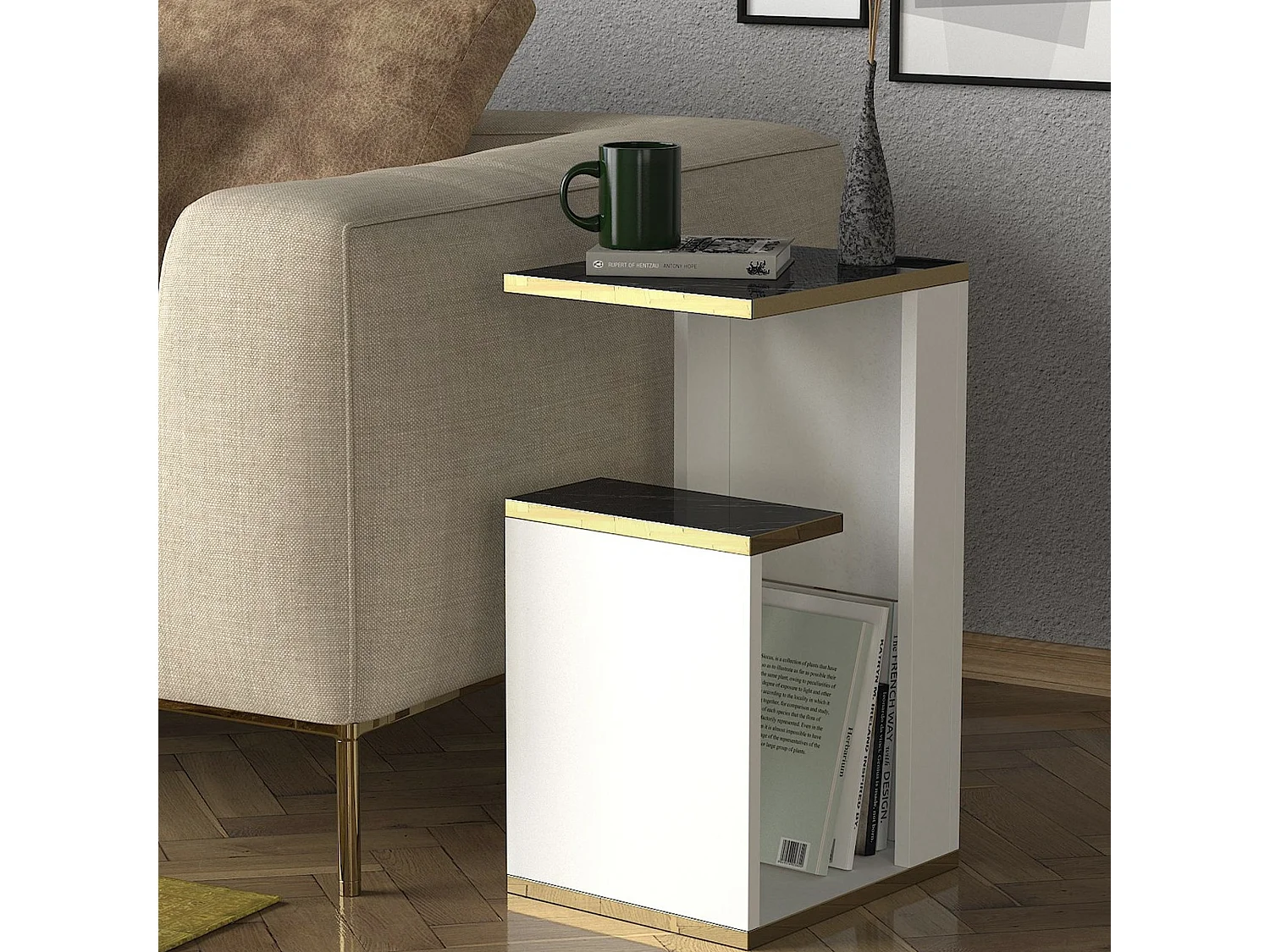 Table d'appoint de salon tamesis moderne blanc or noir 29,5x60x35 cm