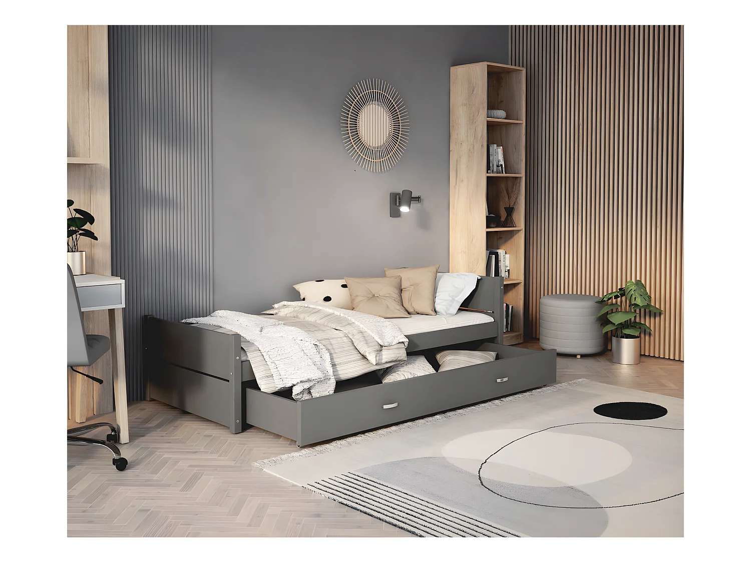 Lit enfant  Simon 90X200 cm -  1 Sommier et Tiroir inclus Gris