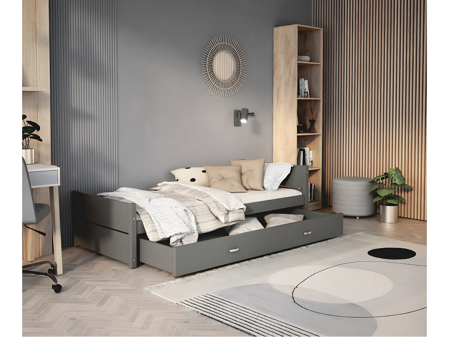 Lit enfant  Simon 90X200 cm -  1 Sommier et Tiroir inclus Gris