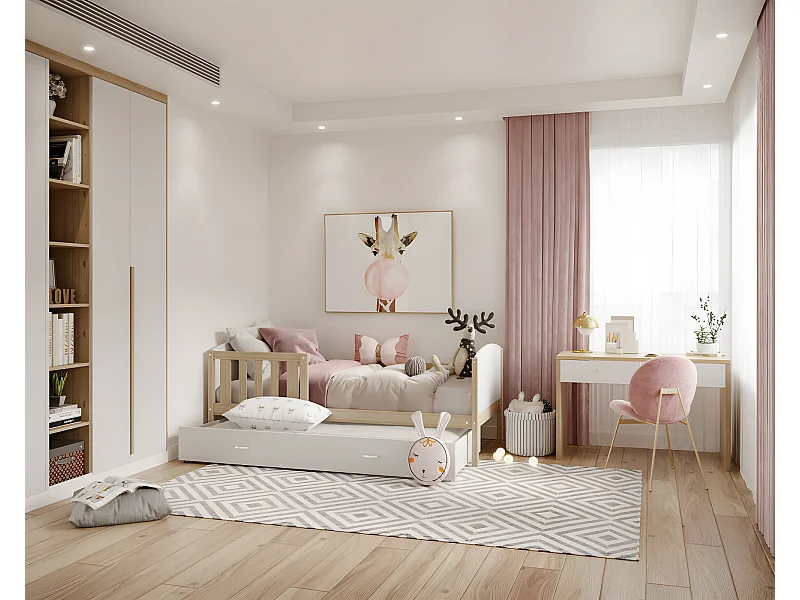 Lit enfant  Tedy 90X190 cm - 1 Matelas , 1 Sommier et Tiroir inclus Pin - Blanc