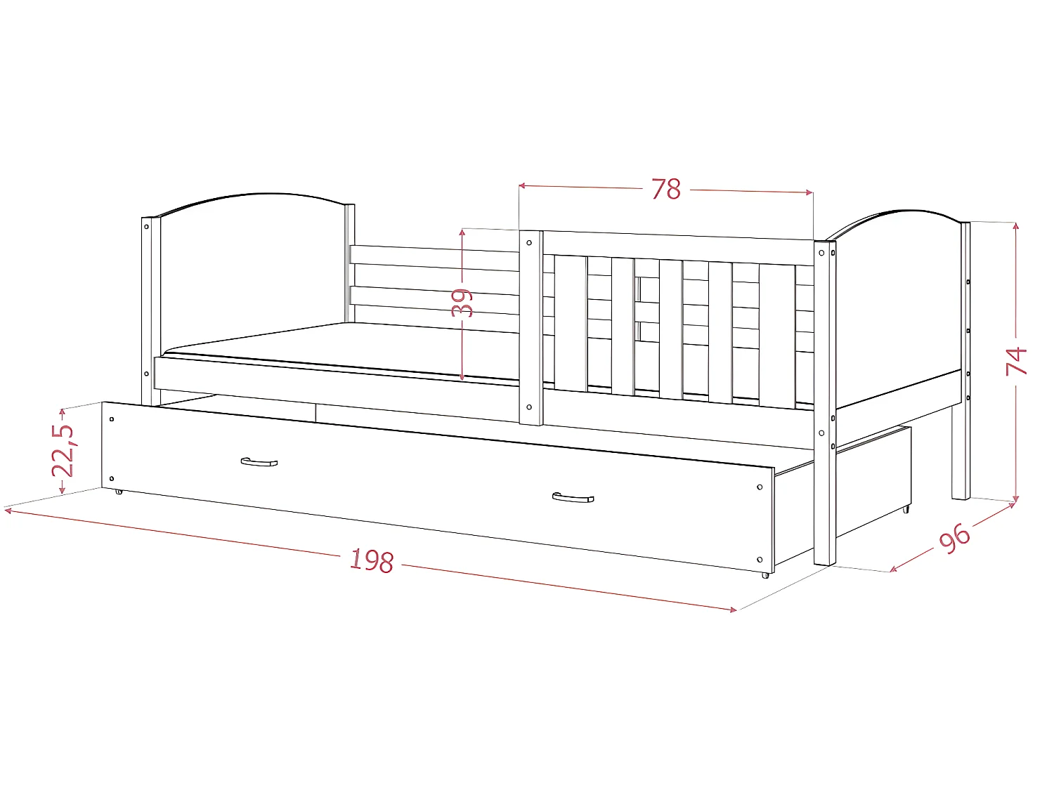 Lit enfant  Tedy 90X190 cm - 1 Matelas , 1 Sommier et Tiroir inclus Pin - Blanc