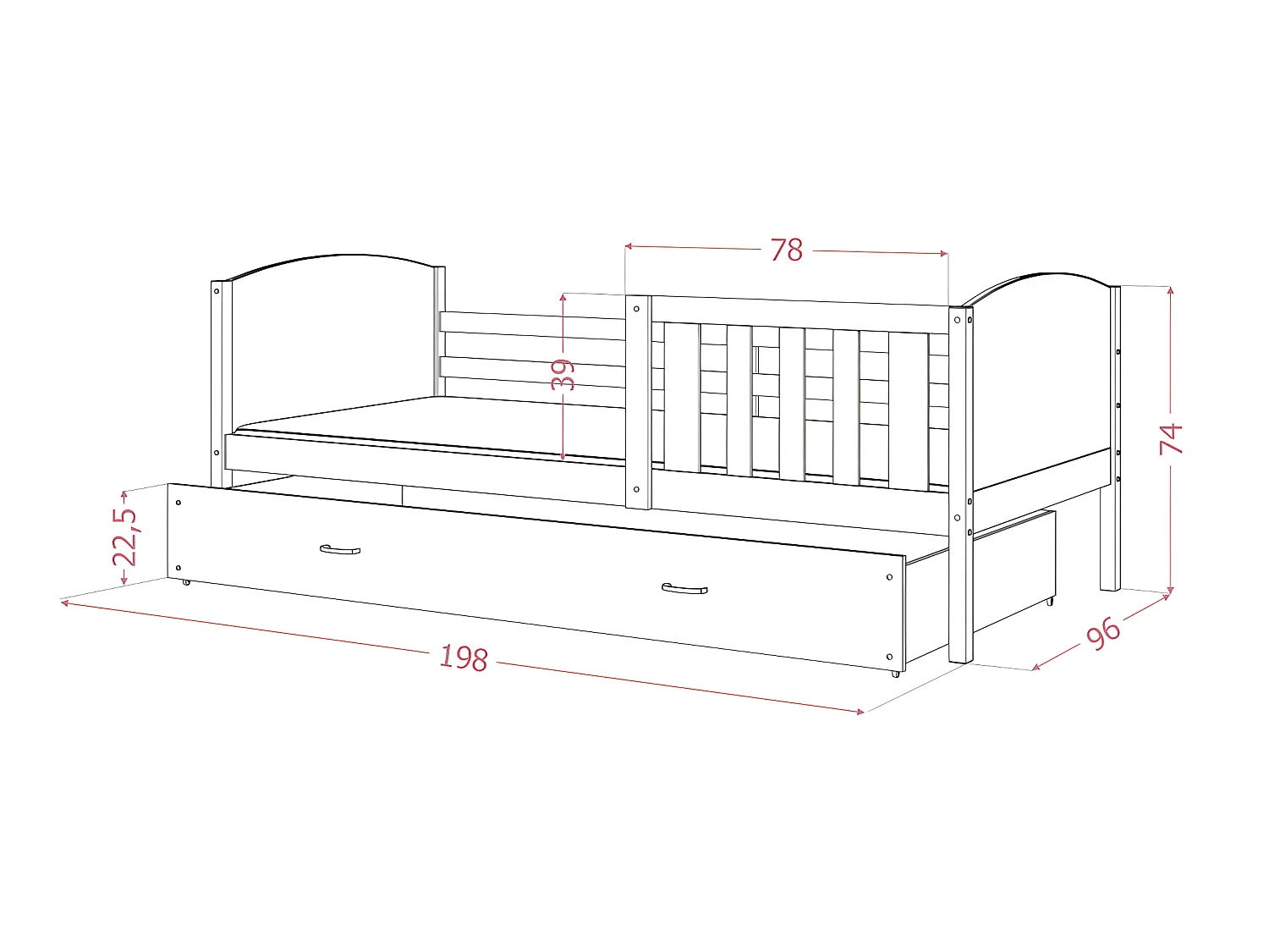 Lit enfant  Tedy 90X190 cm - 1 Matelas , 1 Sommier et Tiroir inclus Pin - Gris