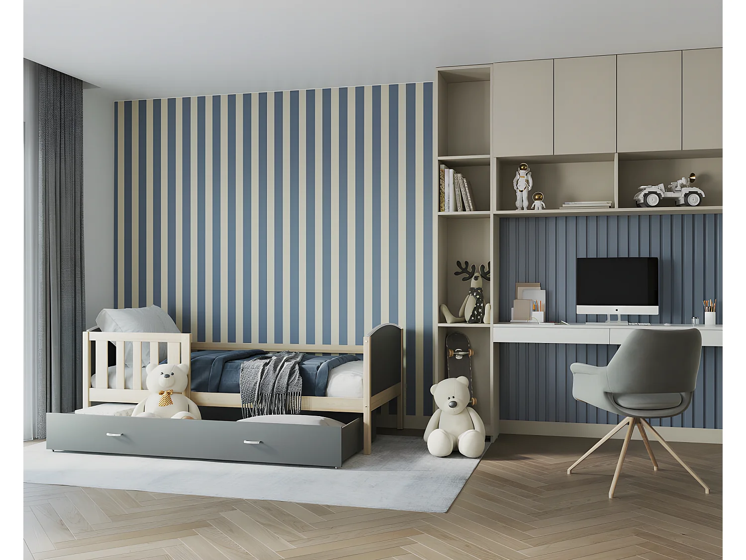 Lit enfant  Tedy 90X190 cm - 1 Matelas , 1 Sommier et Tiroir inclus Pin - Gris