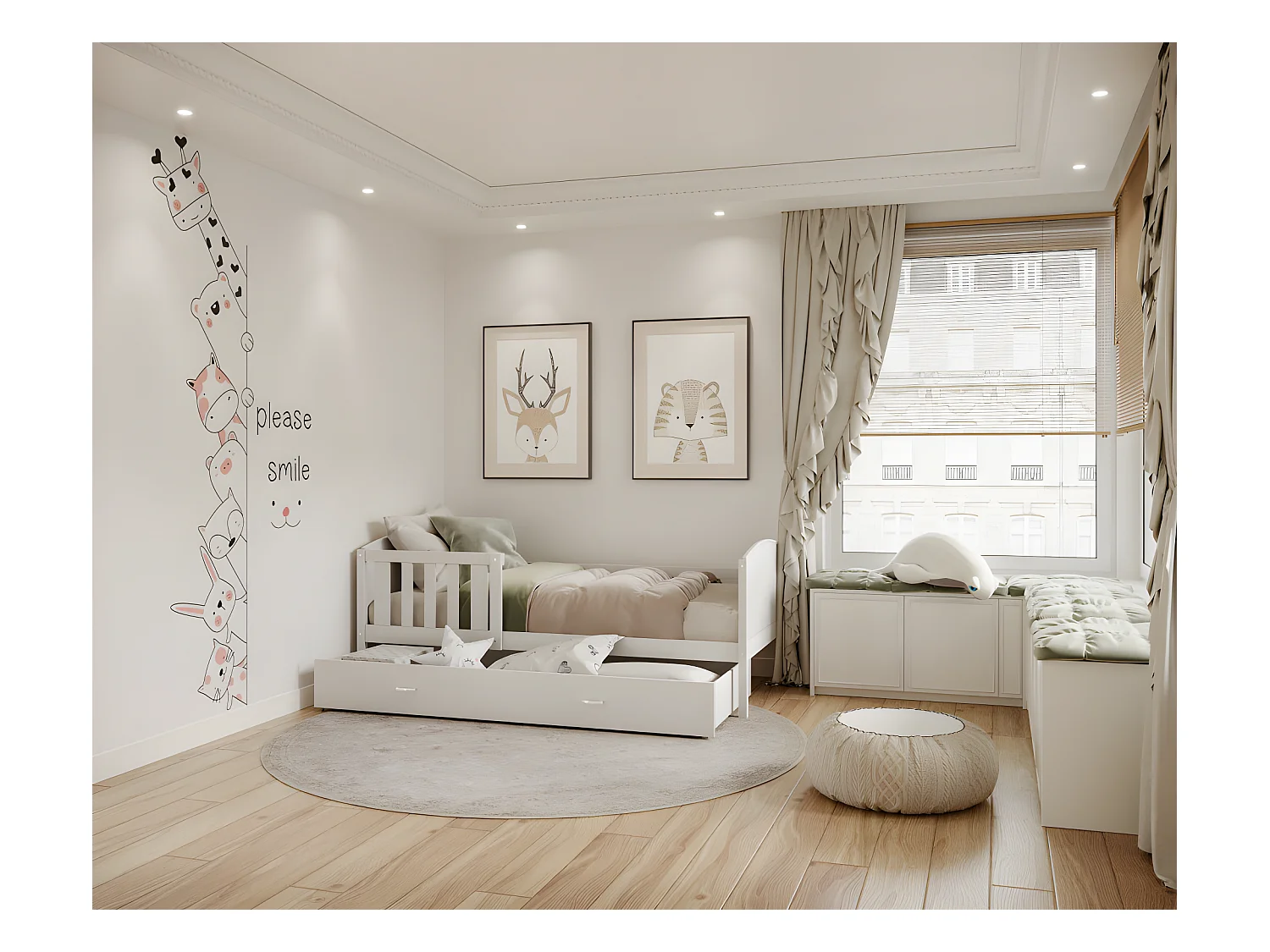 Lit enfant  Tedy 90X190 cm - 1 Matelas , 1 Sommier et Tiroir inclus Blanc