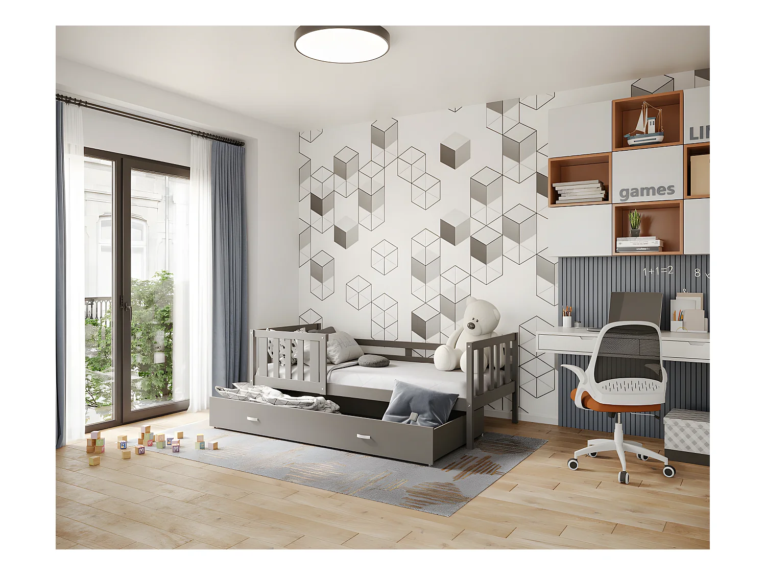 Lit enfant  NEMO 90X190 cm -  1 Sommier et Tiroir inclus Gris