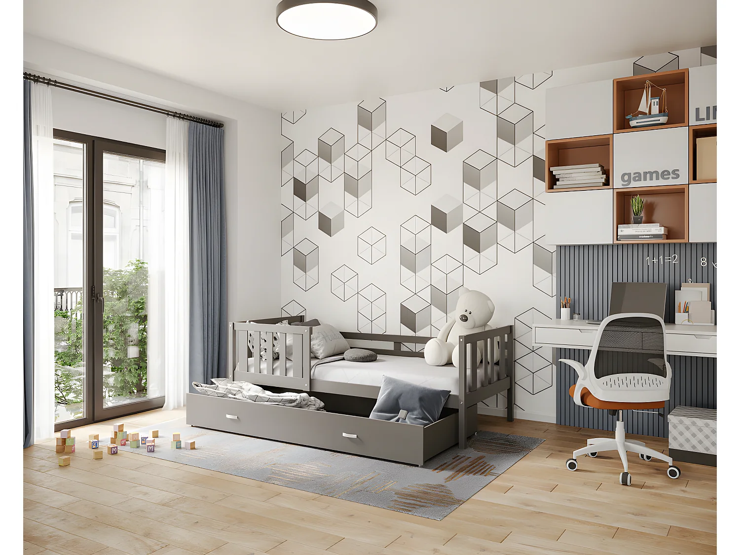 Lit enfant  NEMO 90X190 cm -  1 Sommier et Tiroir inclus Gris