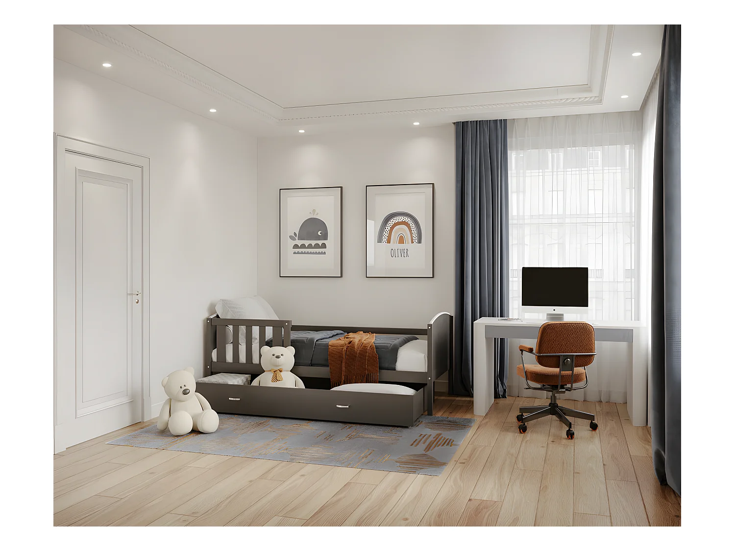 Lit enfant  Tedy 90X190 cm - 1 Matelas , 1 Sommier et Tiroir inclus Gris