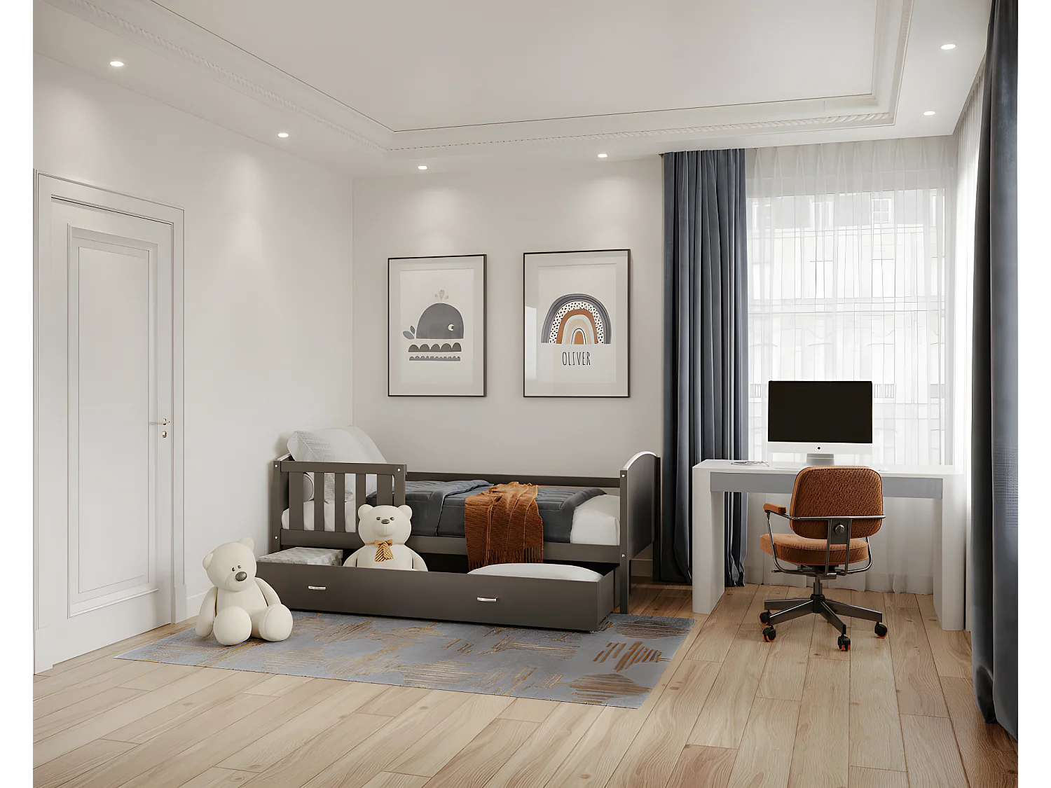 Lit enfant  Tedy 90X190 cm - 1 Matelas , 1 Sommier et Tiroir inclus Gris