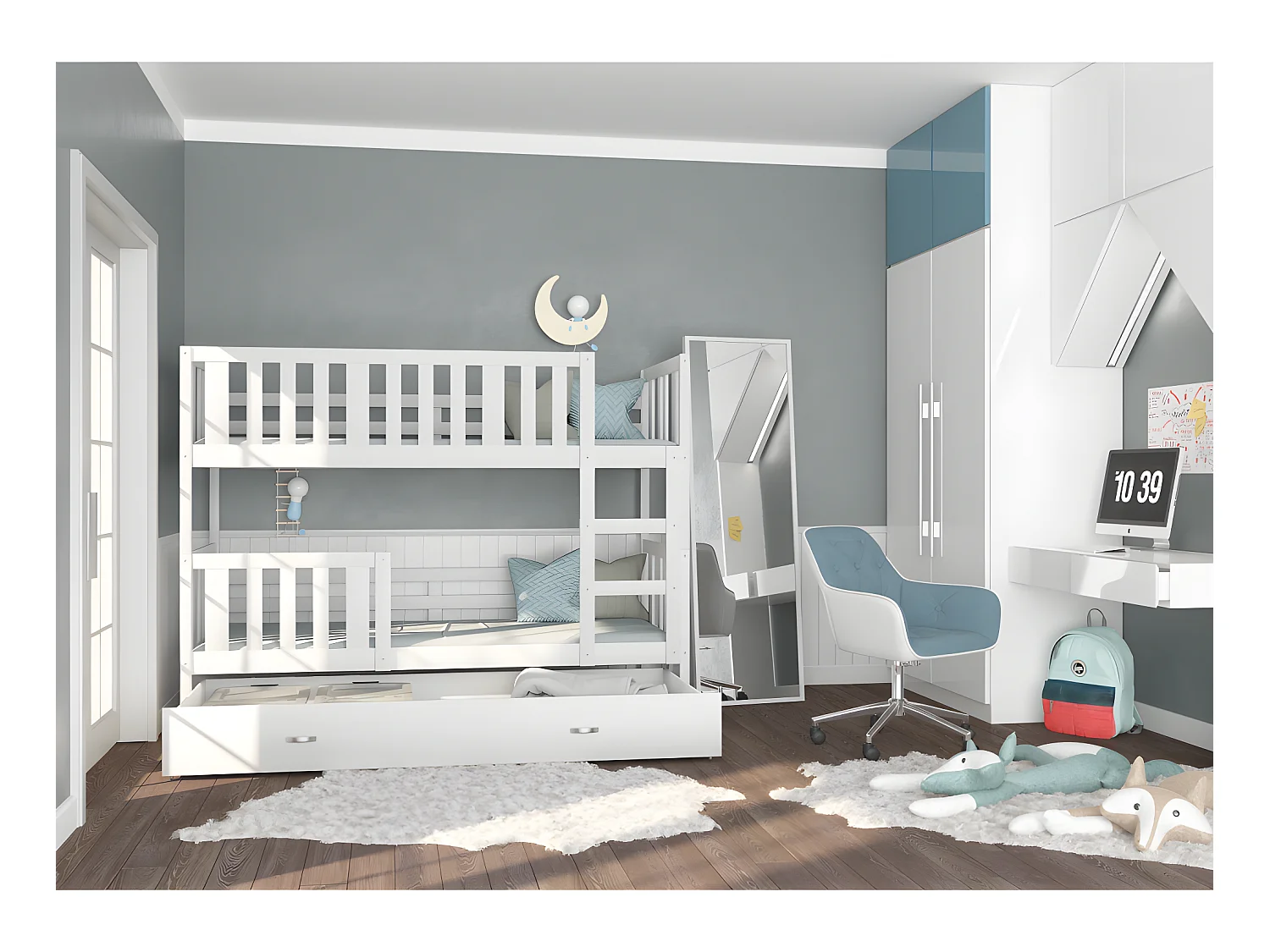 Lit  superposé enfant NEMO 90X190 cm -  2 Sommiers et Tiroir inclus Blanc