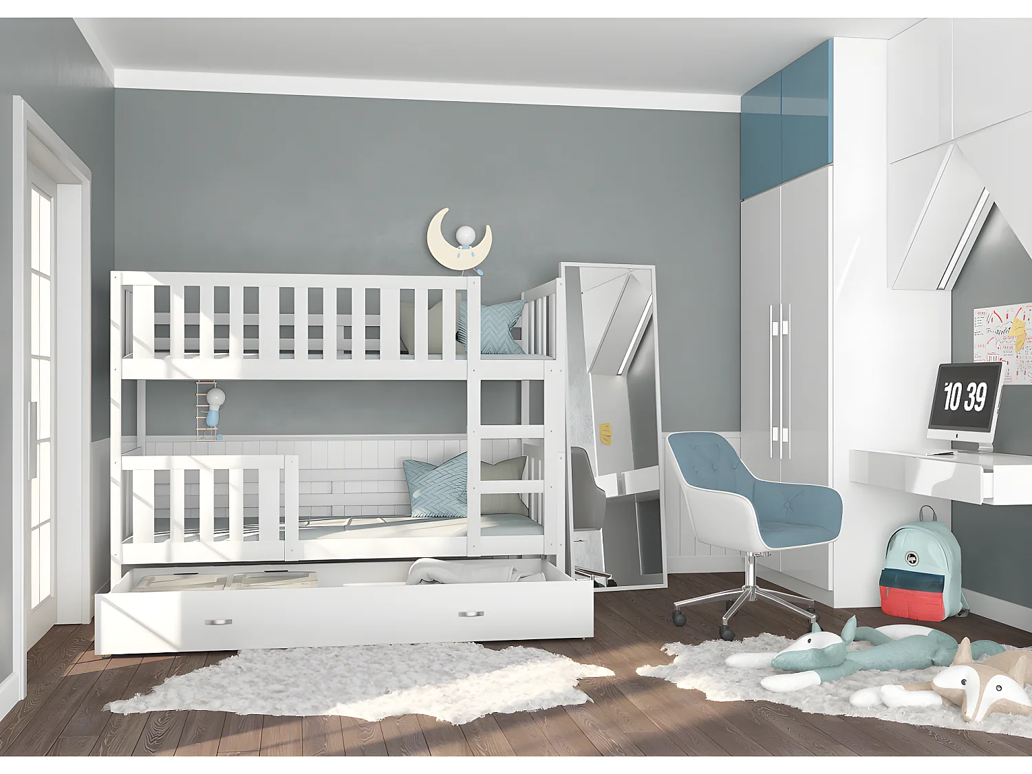 Lit  superposé enfant NEMO 90X190 cm -  2 Sommiers et Tiroir inclus Blanc