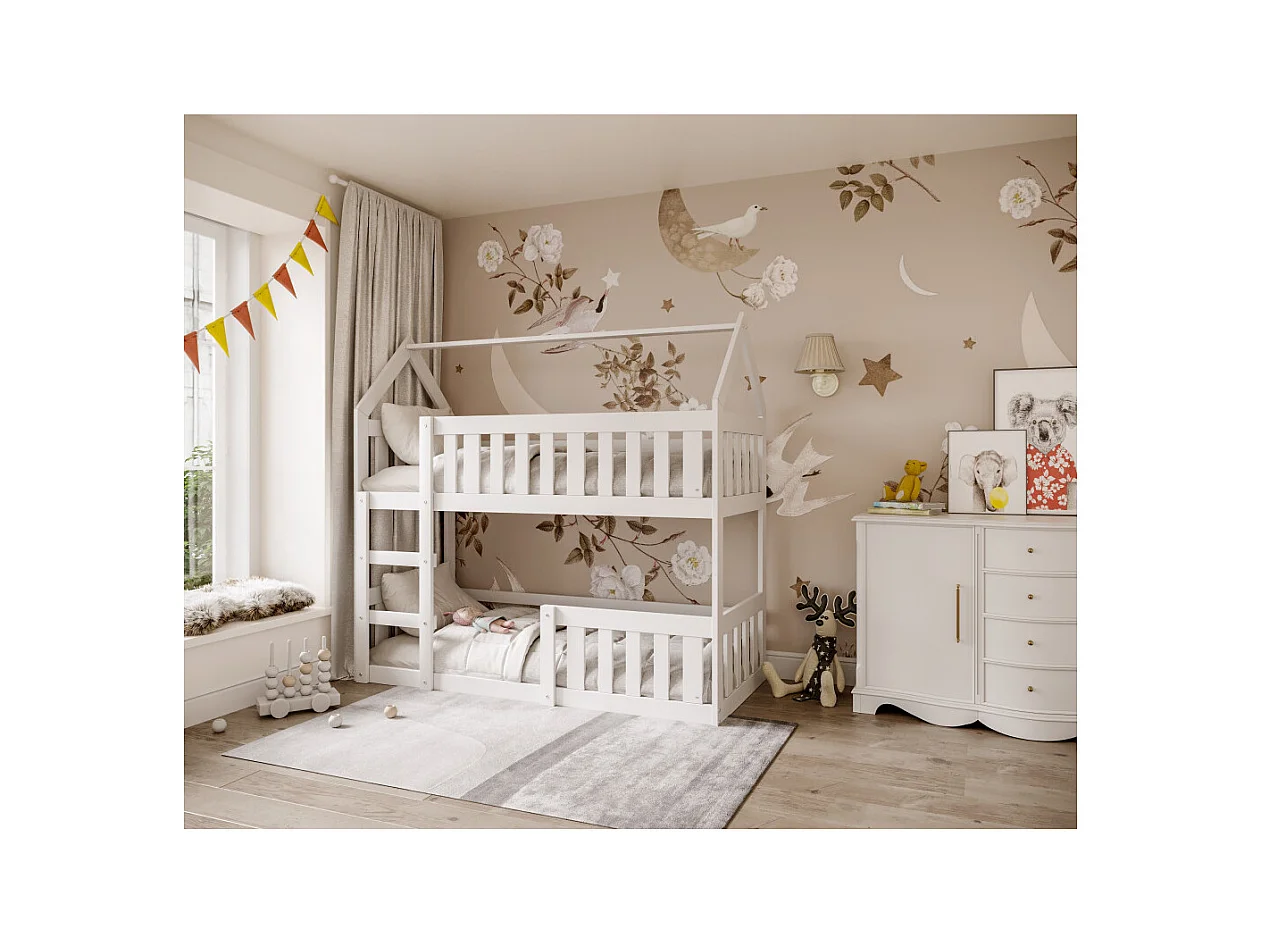 Lit superposé Mily 90 x 190 cm avec 2 sommiers - Lit Cabane. Blanc