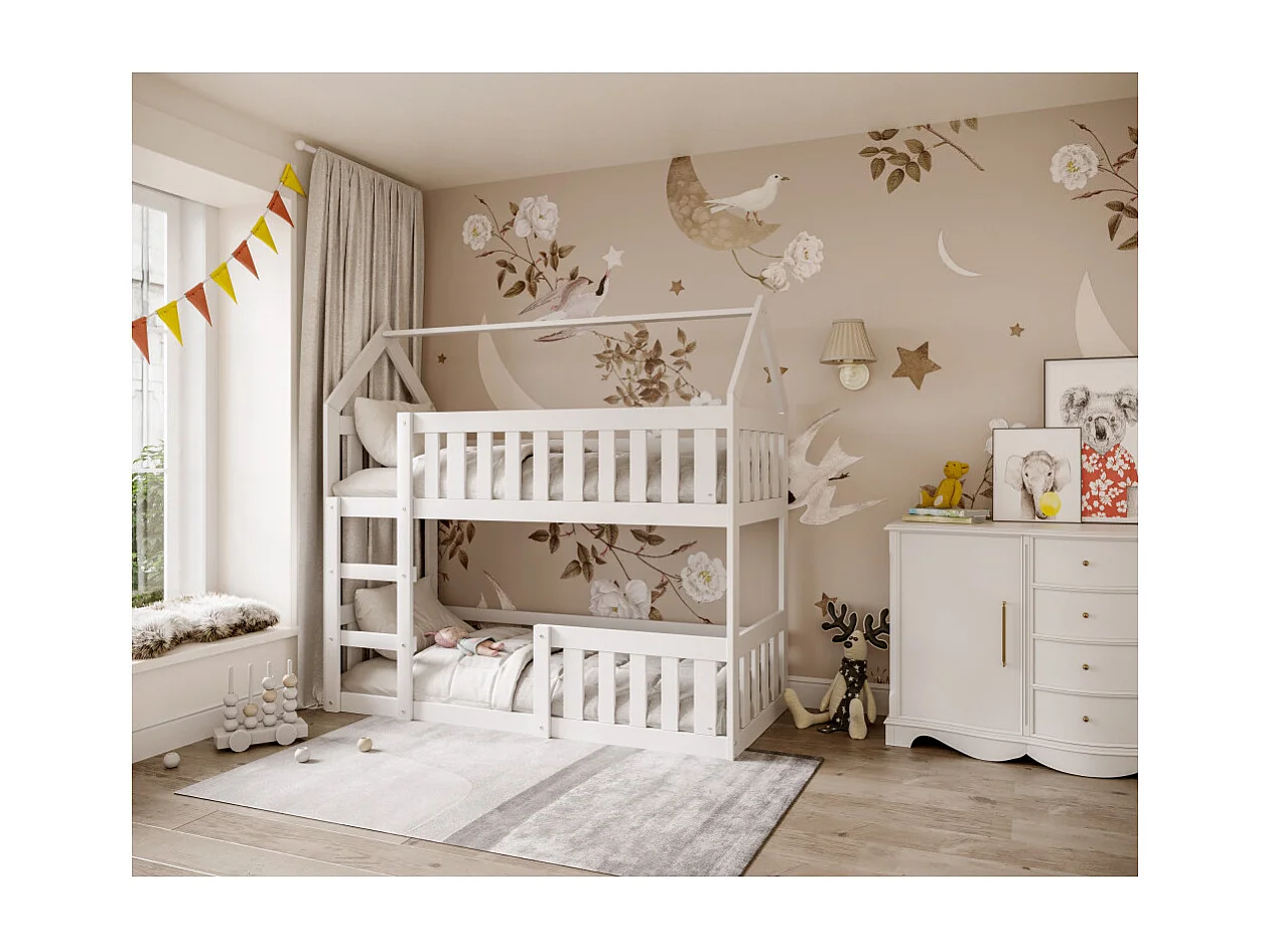 Lit superposé Mily 90 x 190 cm avec 2 sommiers - Lit Cabane. Blanc