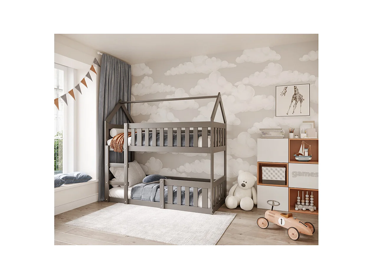 Lit superposé Mily 90 x 190 cm avec 2 sommiers - Lit Cabane. Gris