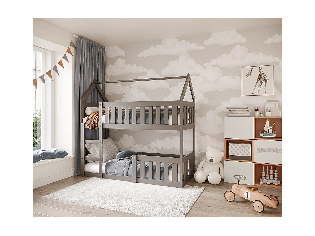 Lit superposé Mily 90 x 190 cm avec 2 sommiers - Lit Cabane. Gris