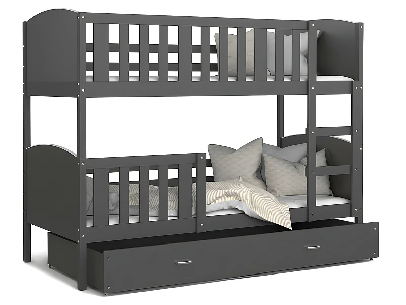 Lit  superposé  Tedy 90X190 cm - 2 Matelas , 2 Sommiers et Tiroir inclus Gris