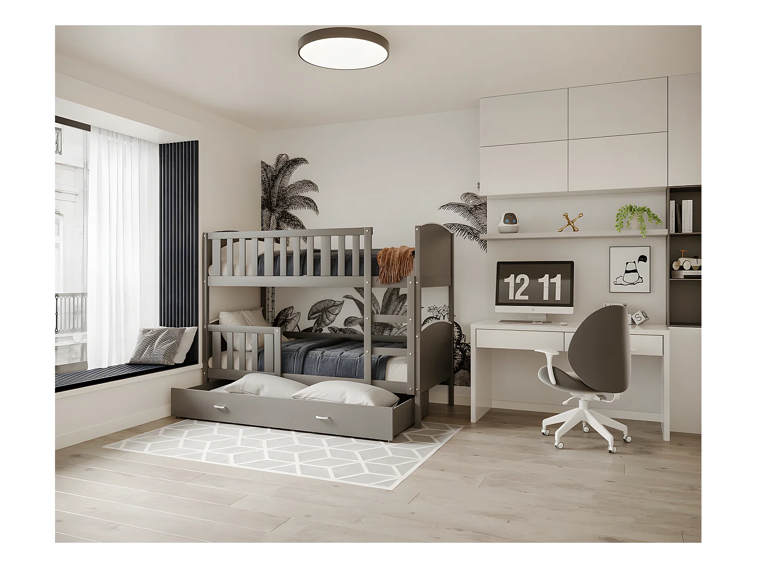 Lit  superposé  Tedy 90X190 cm - 2 Matelas , 2 Sommiers et Tiroir inclus Gris