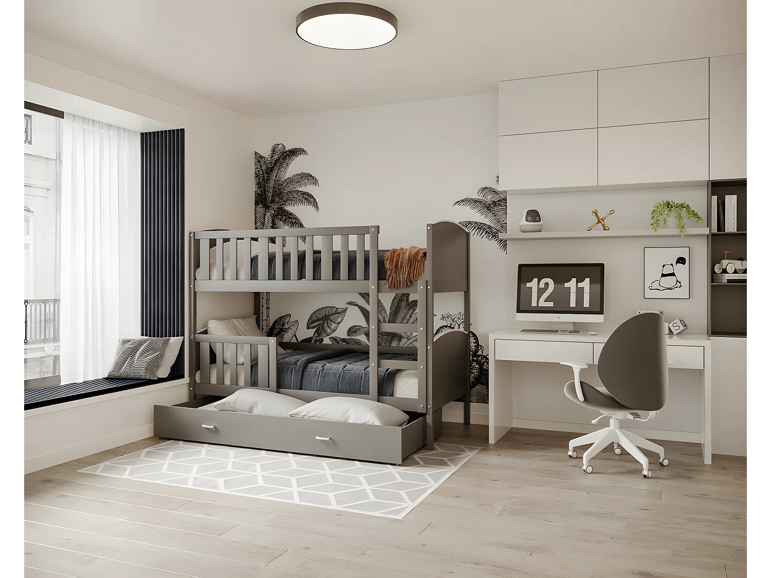 Lit  superposé  Tedy 90X190 cm - 2 Matelas , 2 Sommiers et Tiroir inclus Gris