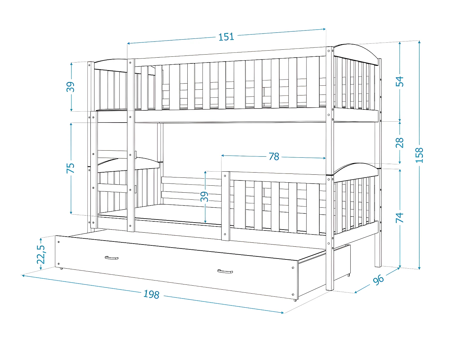Lit  superposé  LUNA 90X190 cm - 2 Matelas , 2 Sommiers et Tiroir inclus Blanc