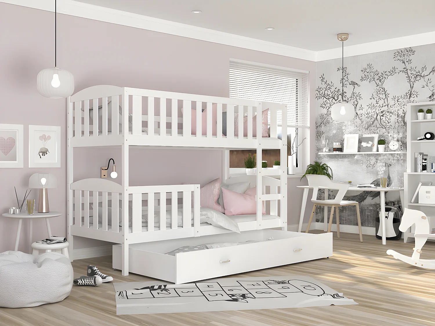 Lit  superposé  LUNA 90X190 cm - 2 Matelas , 2 Sommiers et Tiroir inclus Blanc