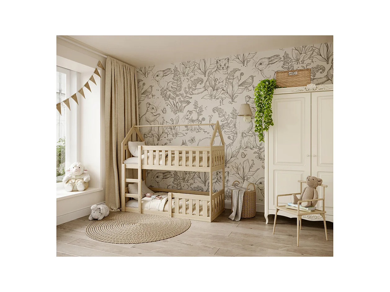 Lit superposé Mily 90 x 190 cm avec 2 sommiers - Lit Cabane. Pin