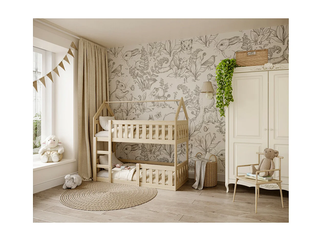 Lit superposé Mily 90 x 190 cm avec 2 sommiers - Lit Cabane. Pin