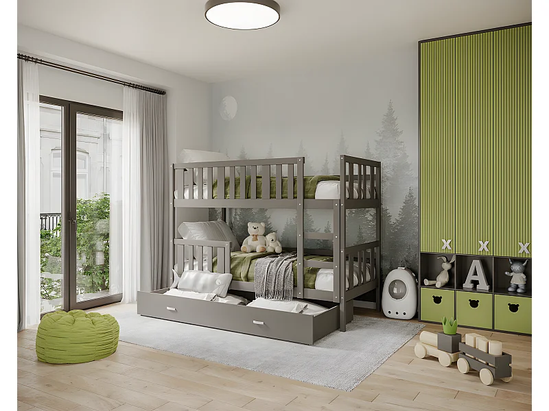 Lit  superposé enfant NEMO 90X190 cm -  2 Sommiers et Tiroir inclus Gris
