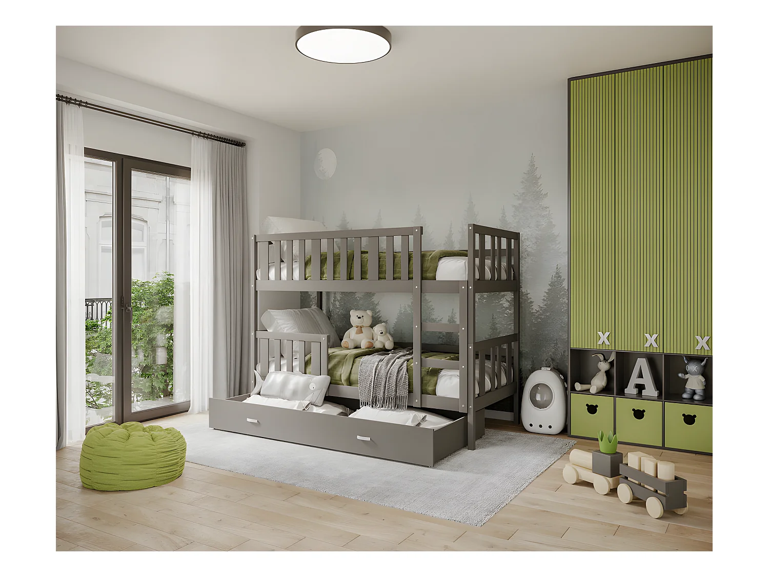 Lit  superposé enfant NEMO 90X190 cm -  2 Sommiers et Tiroir inclus Gris