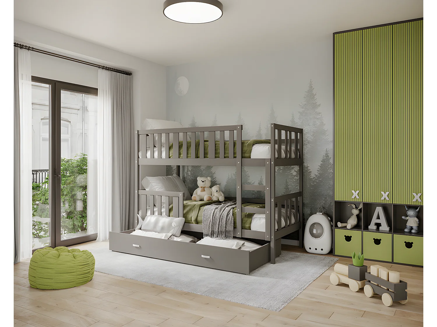 Lit  superposé enfant NEMO 90X190 cm -  2 Sommiers et Tiroir inclus Gris