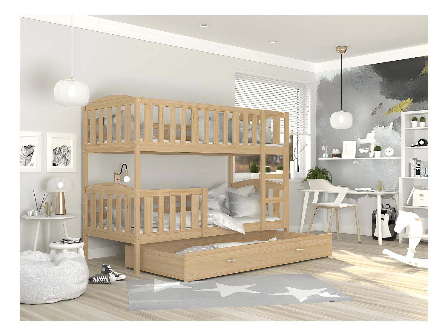 Lit  superposé  LUNA 90X190 cm - 2 Matelas , 2 Sommiers et Tiroir inclus Pin