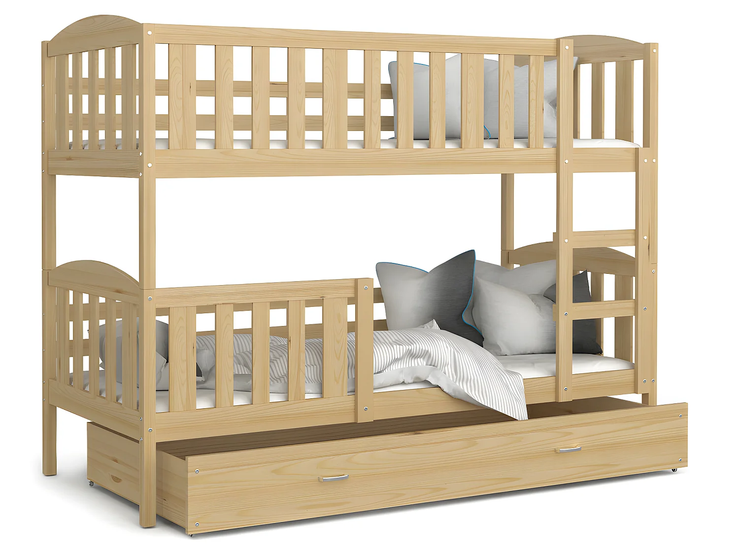 Lit  superposé  LUNA 90X190 cm - 2 Matelas , 2 Sommiers et Tiroir inclus Pin