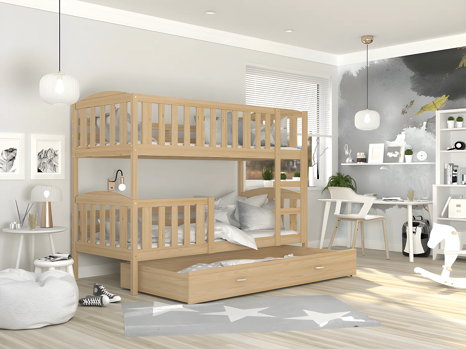 Lit  superposé  LUNA 90X190 cm - 2 Matelas , 2 Sommiers et Tiroir inclus Pin